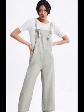 Zara light sage green beige linen-blend cropped jumpsuit
